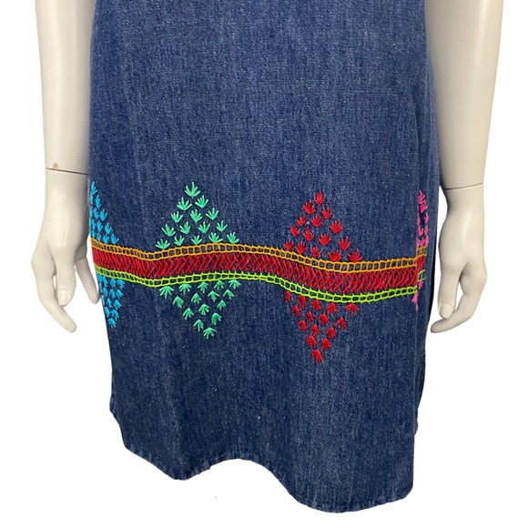 Vintage Rainbow Denim Embroidered Tie Back Tunic Top Mini Dress / Women’s Small - Picture 5 of 5